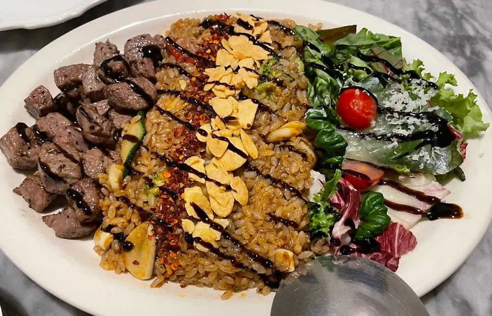 Cube Steak Pilaf with yuja salad