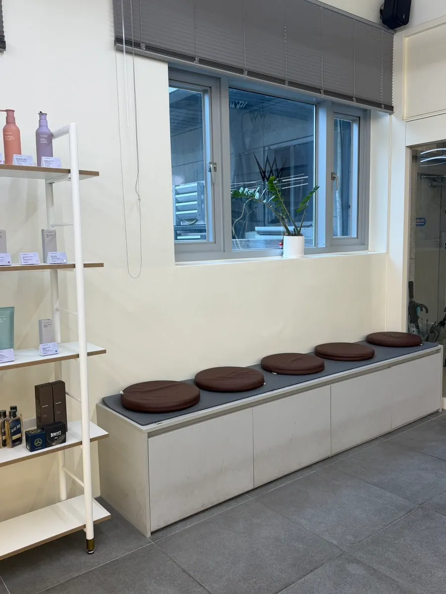 White and indigo tone salon entrance