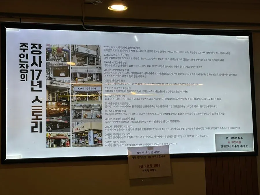 Wall text about the restaurant's 17-year history
