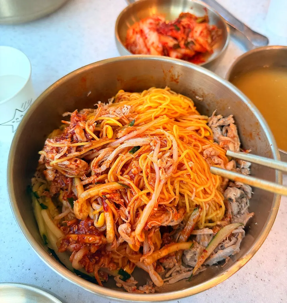 Tangy, spicy seasoning and chewy bibim guksu noodles