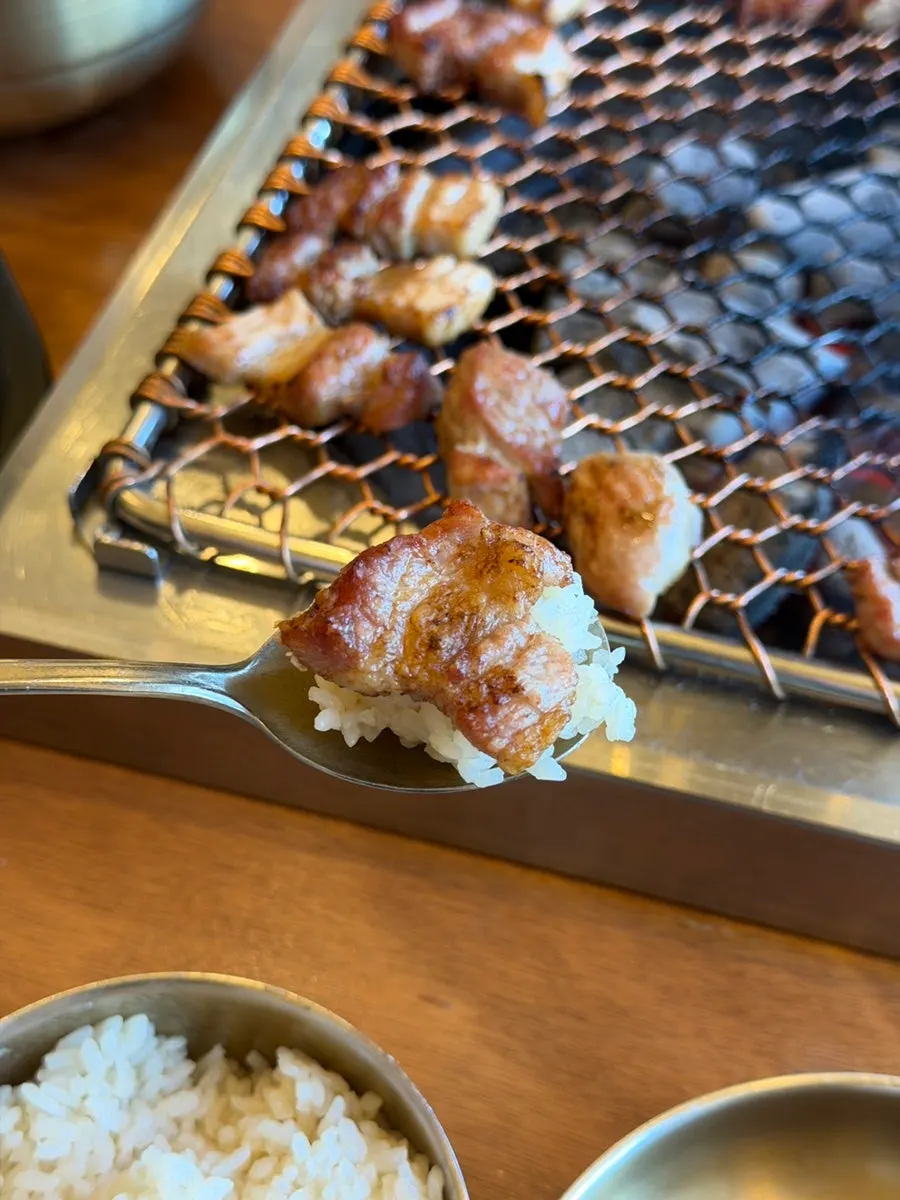 Close-up of fully grilled black pork belly