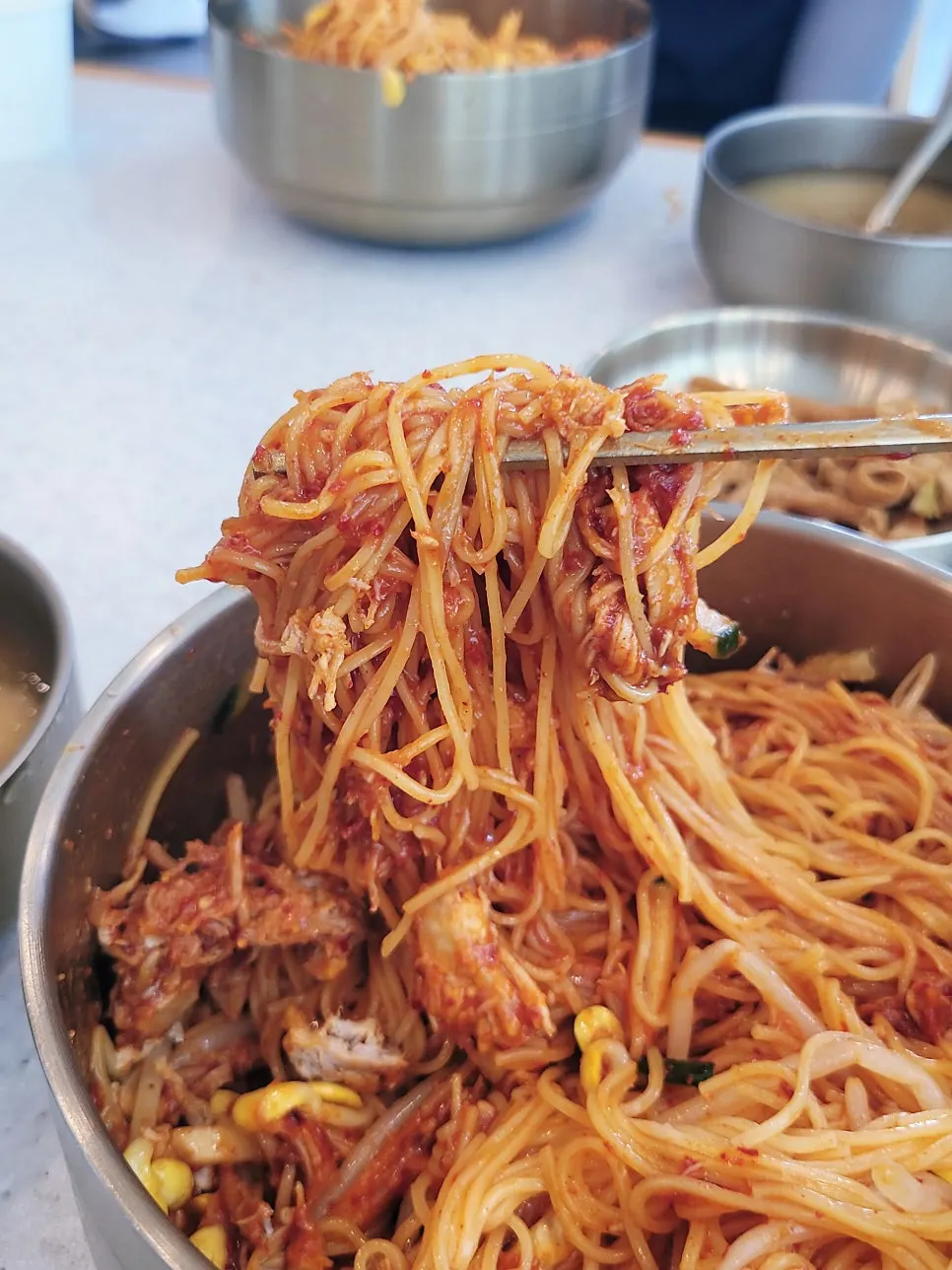 Shredded lean meat topping in the bibim noodles