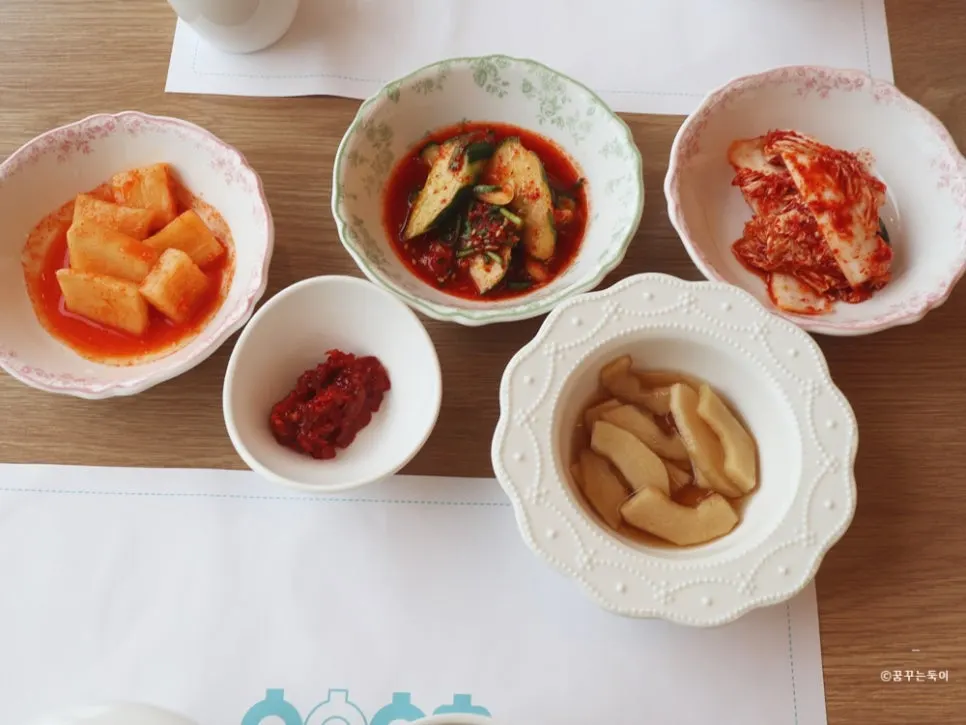 A full spread of basic side dishes at Aewol Eomma