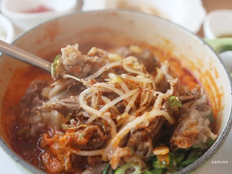 Bean sprouts and brisket lifted out of the soup