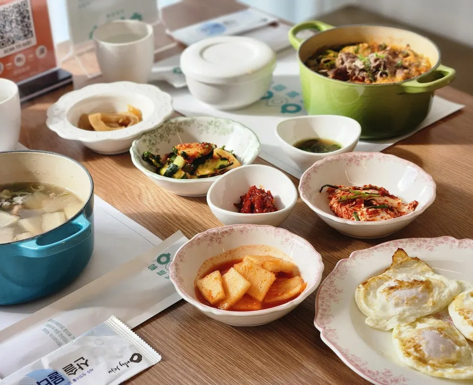 Aewol Eomma's beef radish soup and hangover soup breakfast spread