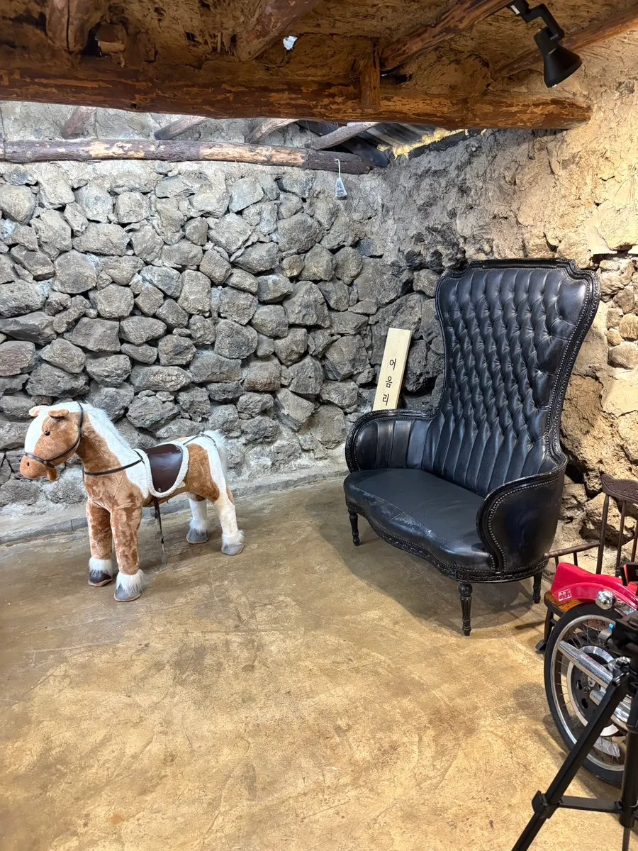 Indoor photo space in a Jeju stone warehouse