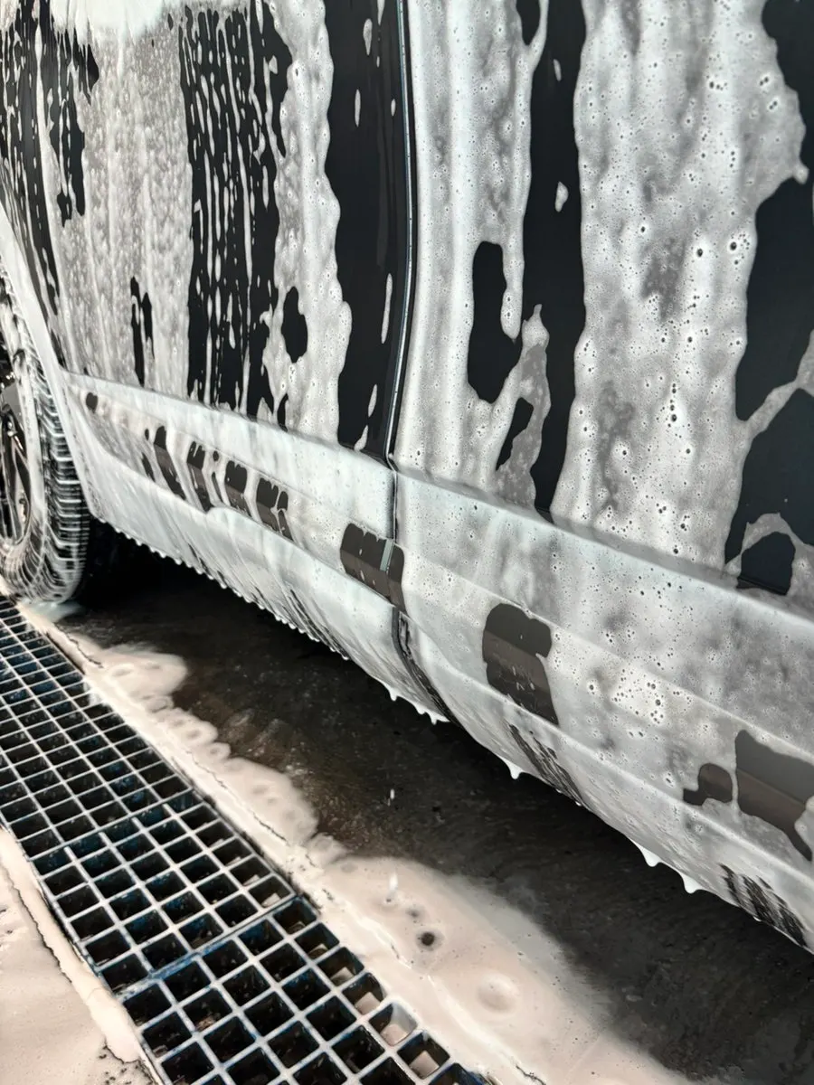 Pre-wash foam applied evenly to a car with a foam lance