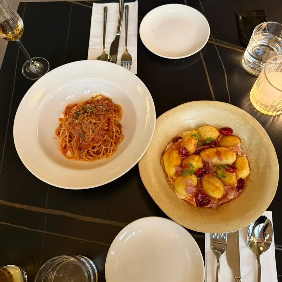 Close-up of pasta noodles with guanciale