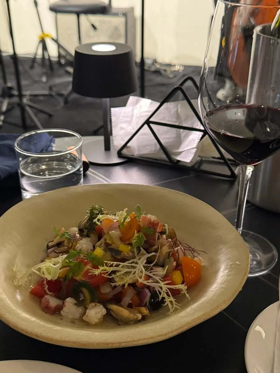 Close-up of the seafood salad's sauce and ingredients