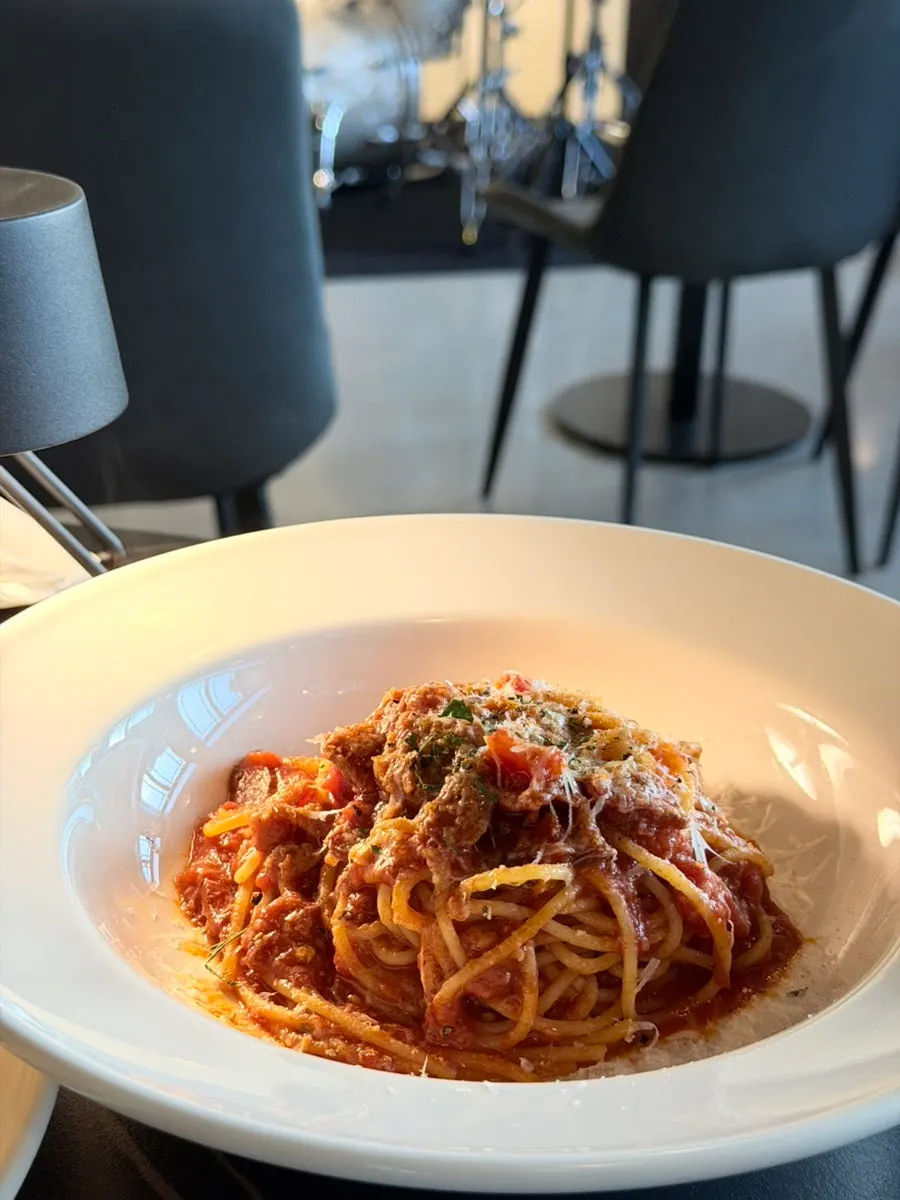 Close-up of rich amatriciana sauce