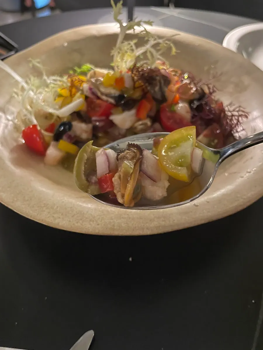 Close-up of the seafood salad with mussels, shrimp and octopus