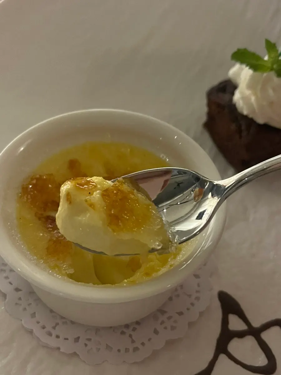 Crème brûlée eaten to finish the meal
