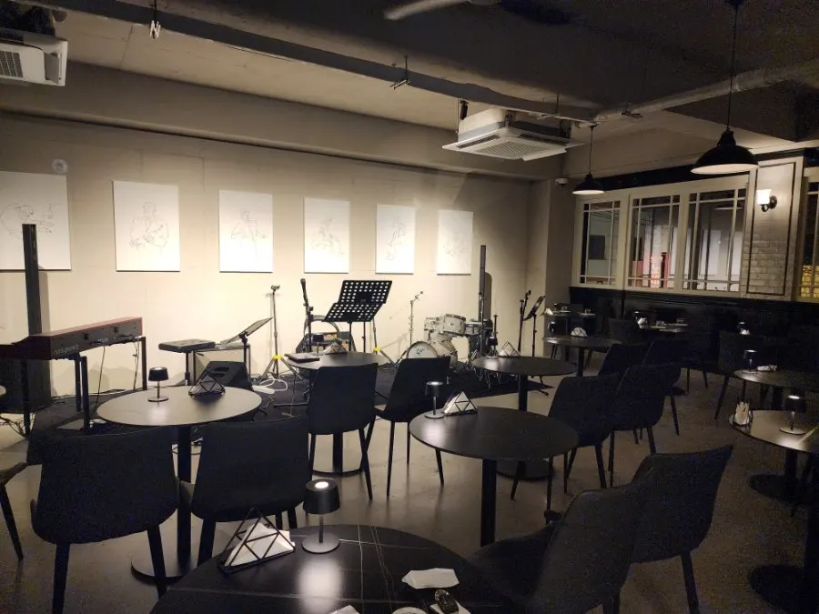 Interior seating and stage view at Allegro, a jazz bar in Bangi-dong