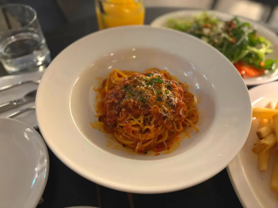 Close-up of the amatriciana's rich tomato sauce