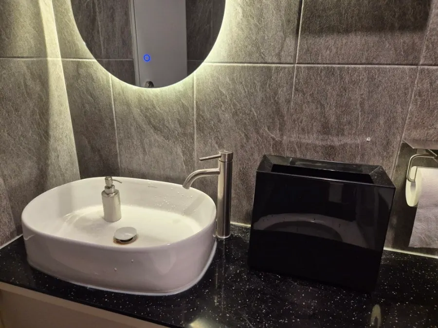 Restroom mirror with sink and mouthwash set out