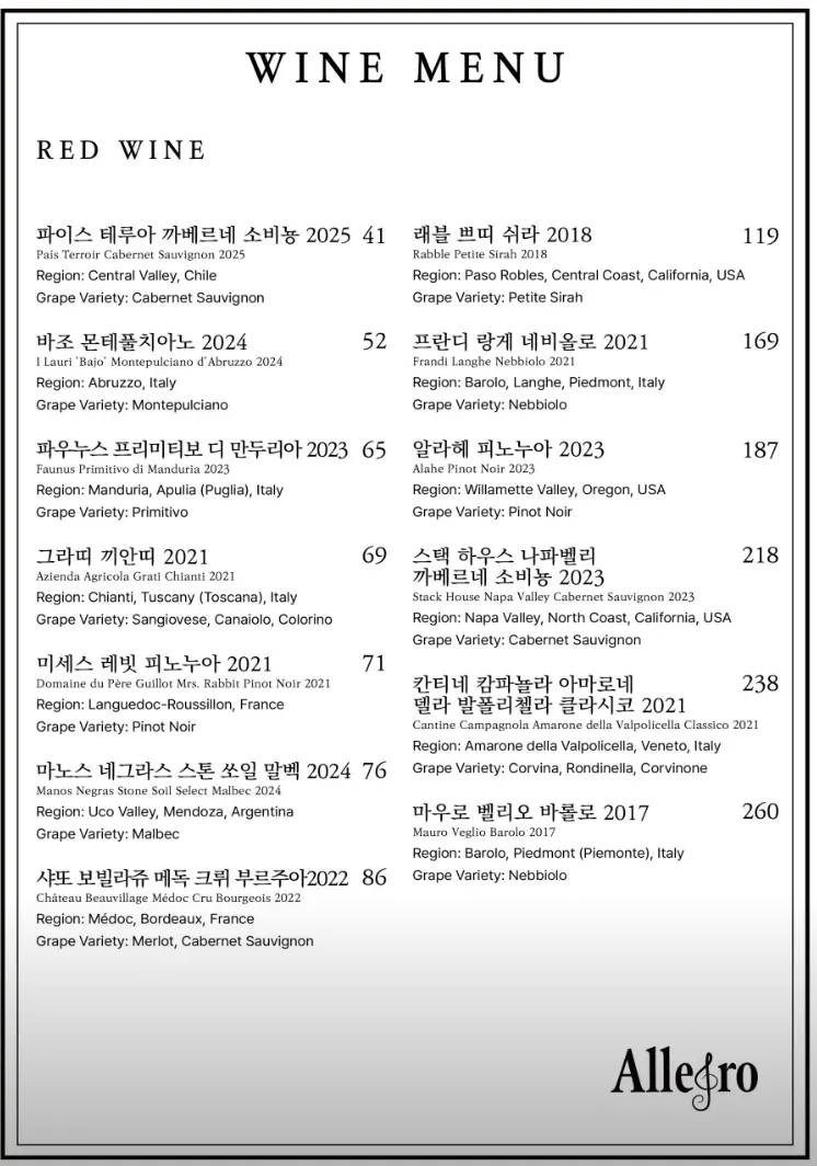Menu page for wine pairing plates