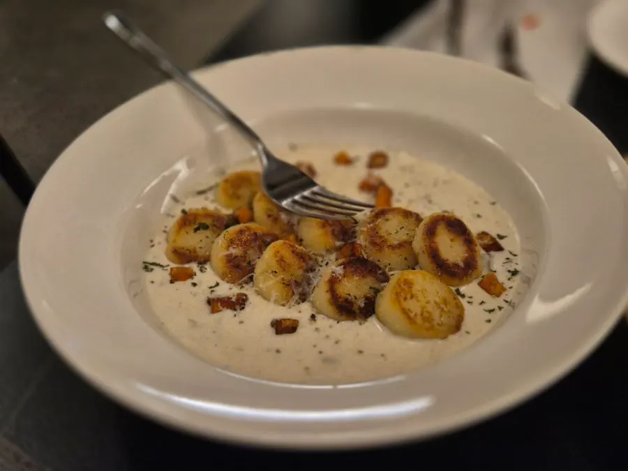 A plate of mushroom cream potato gnocchi