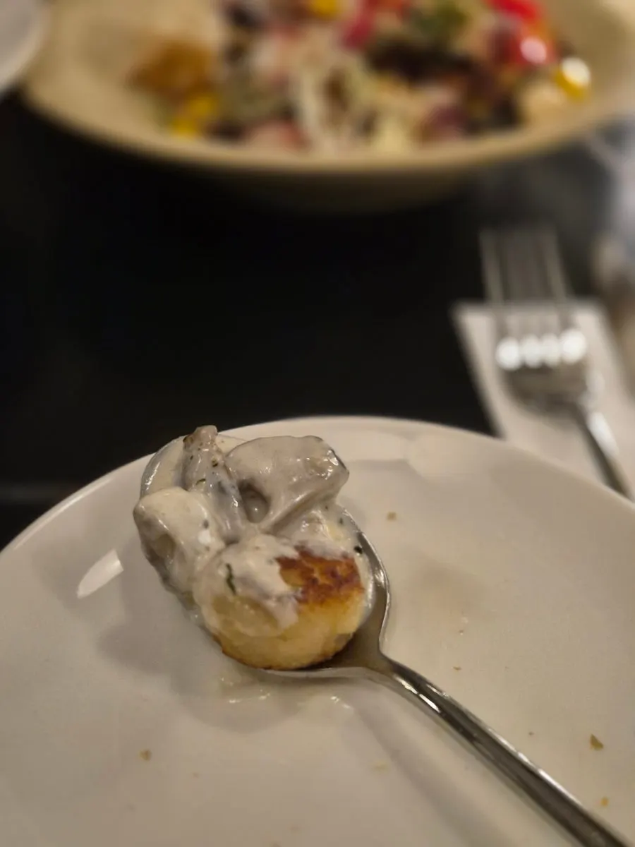 Close-up of gnocchi coated in cream sauce