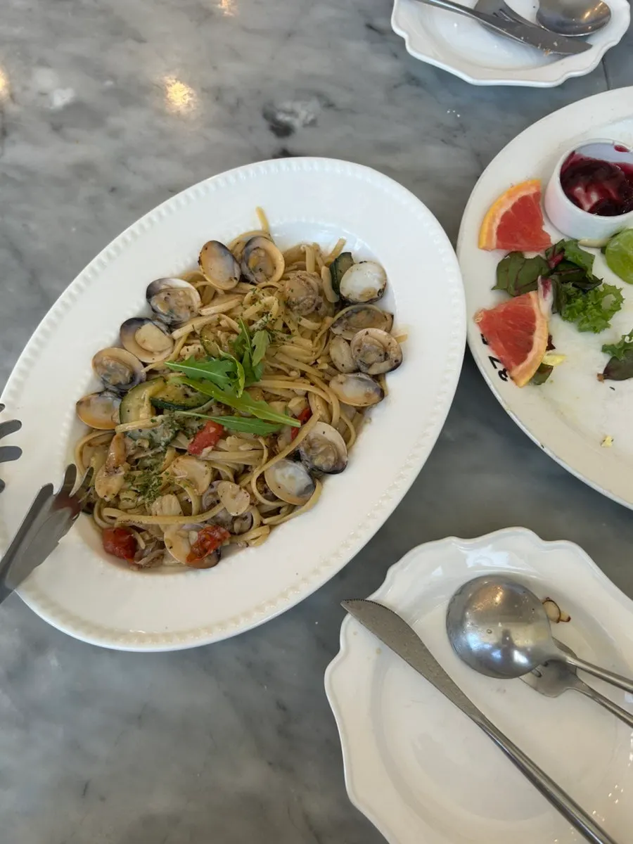 A plate of linguine clam pasta