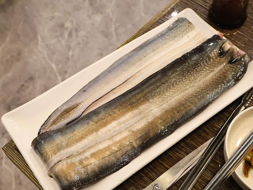 Thick cuts of raw river eel set on the table