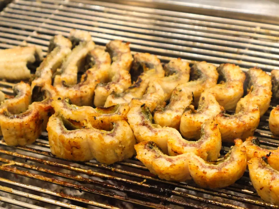 Grilled eel cut and lined up