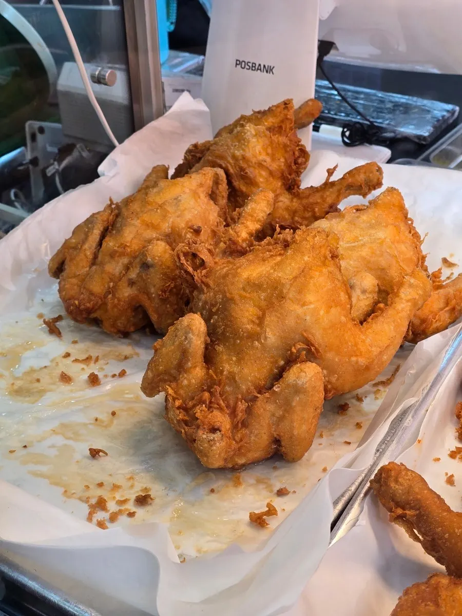 Golden brown old-style whole fried chicken