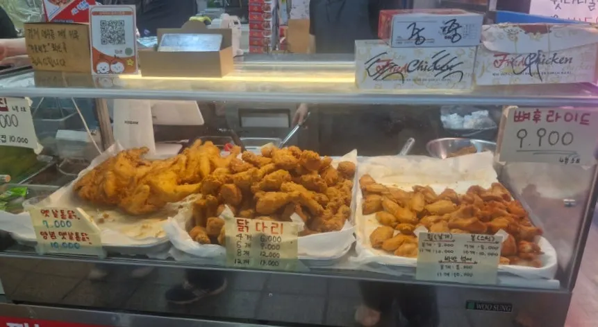 Old-school fried chicken, drumsticks, and wings on the display counter