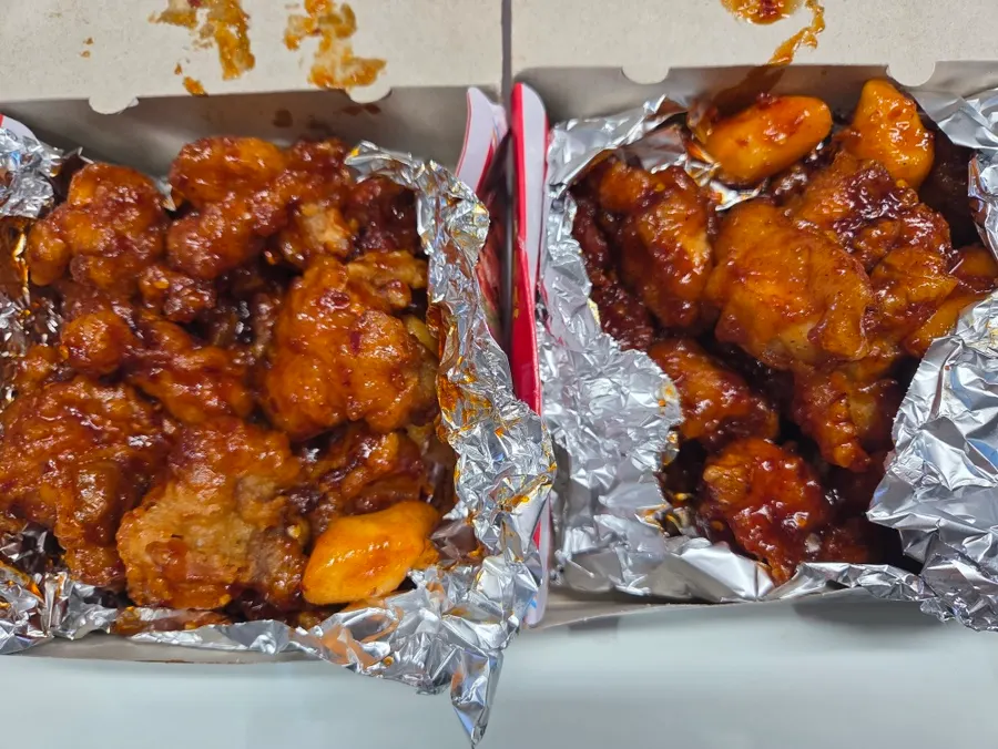 Close-up of crispy, thick-sauced dakgangjeong