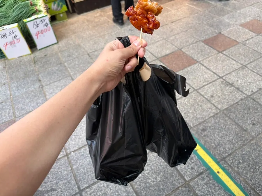 Plain fried chicken and seasoned dakgangjeong on skewers from the owner