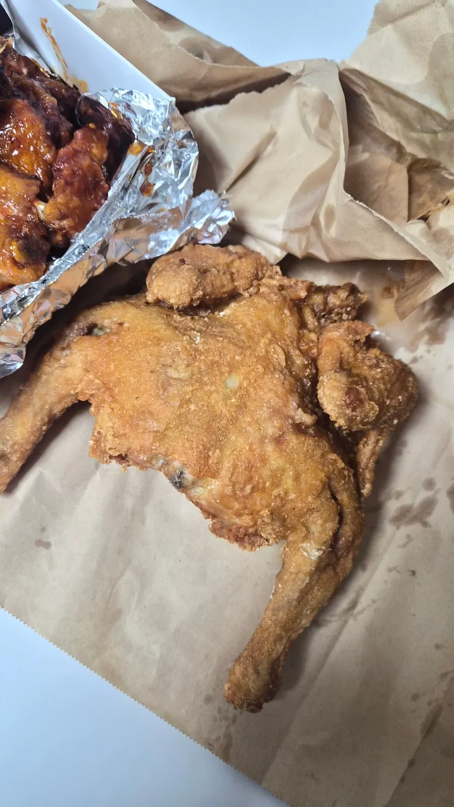 Drumstick from the whole chicken showing its crispy exterior