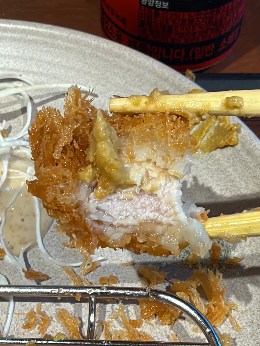 A piece of loin katsu dipped in tonkatsu sauce