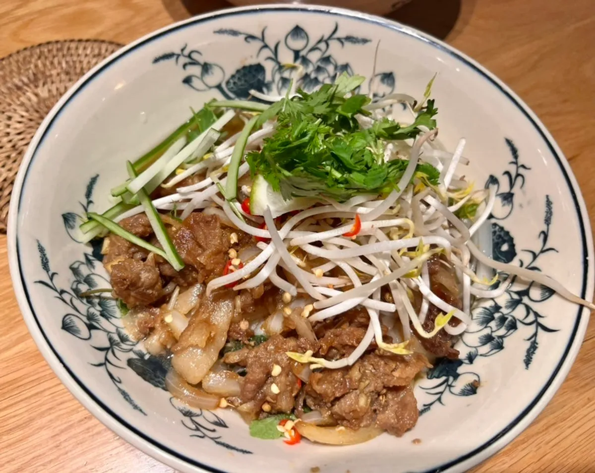 A bowl of bun thit nuong, grilled pork fried rice noodles