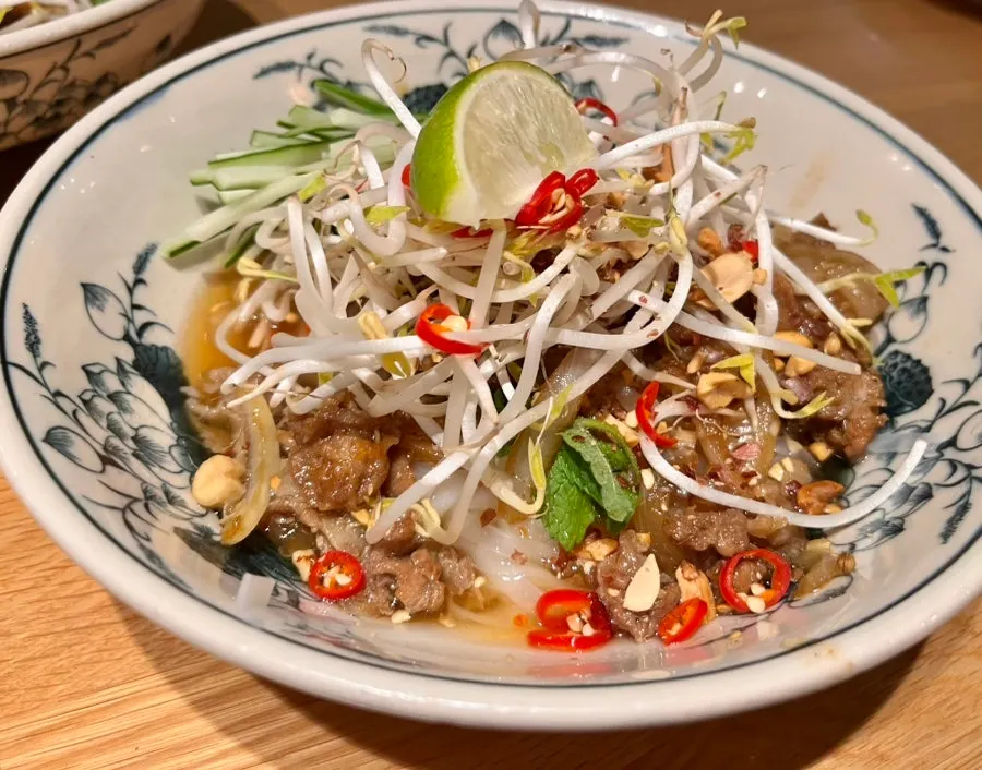 Grilled pork and mint on top of bun thit nuong