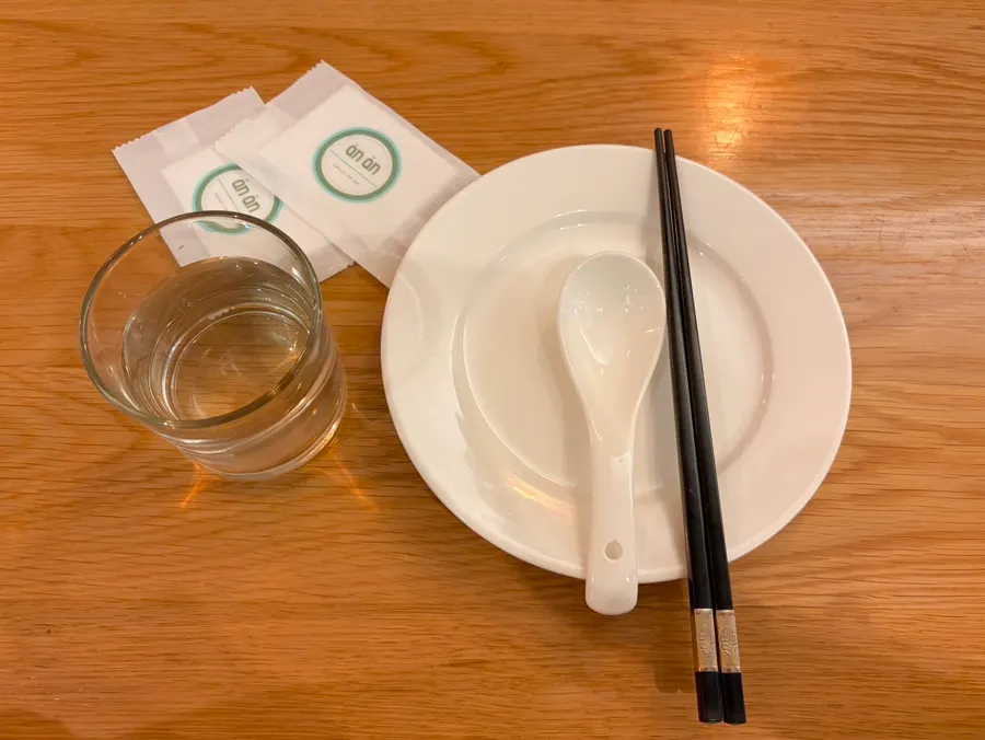 Basic table setting with a small plate, utensils, and wet wipes