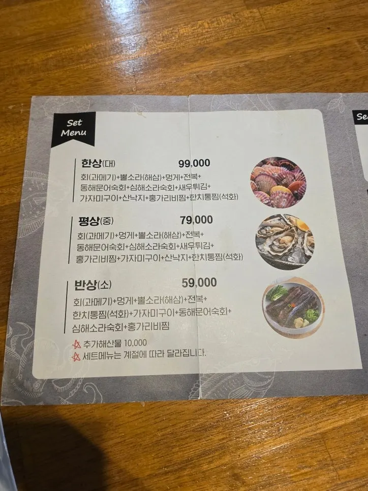 Menu listing prices for small, medium, and large sets