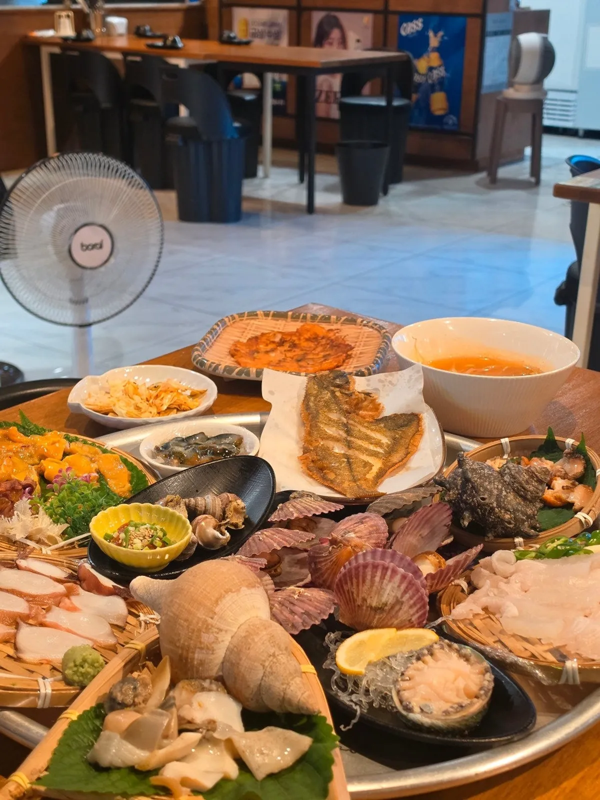 Seafood set piled high in a basket