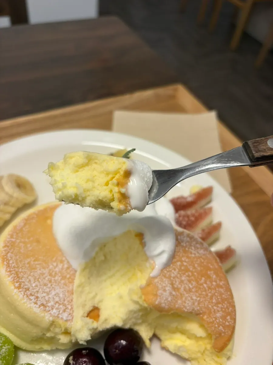 Cross-section of the soufflé pancake cut with a fork