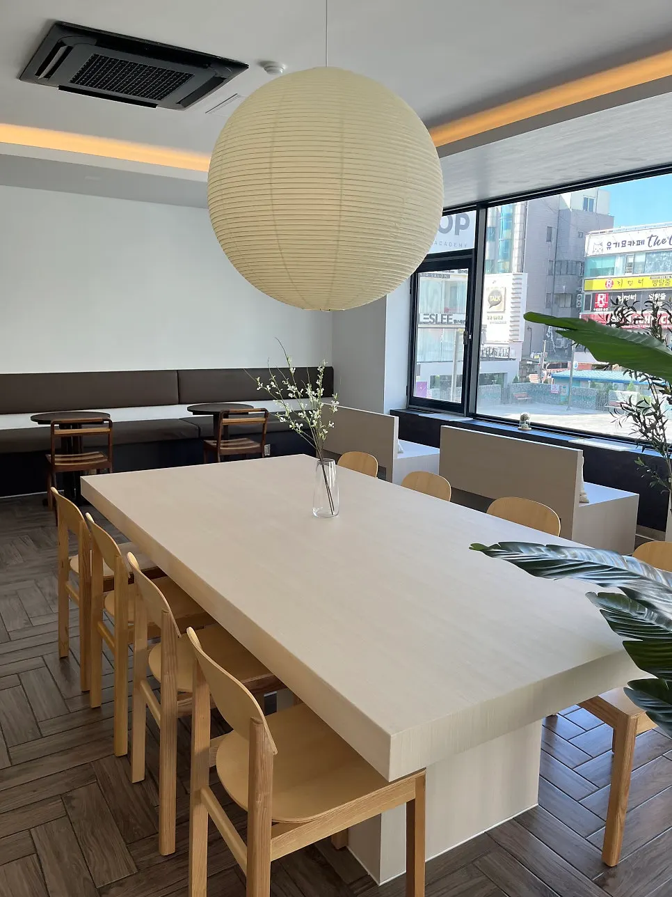 Clean, warm-toned café tables