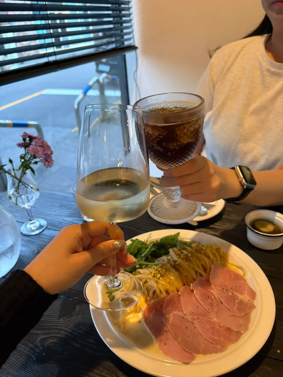 A glass of white wine ordered alongside the pasta