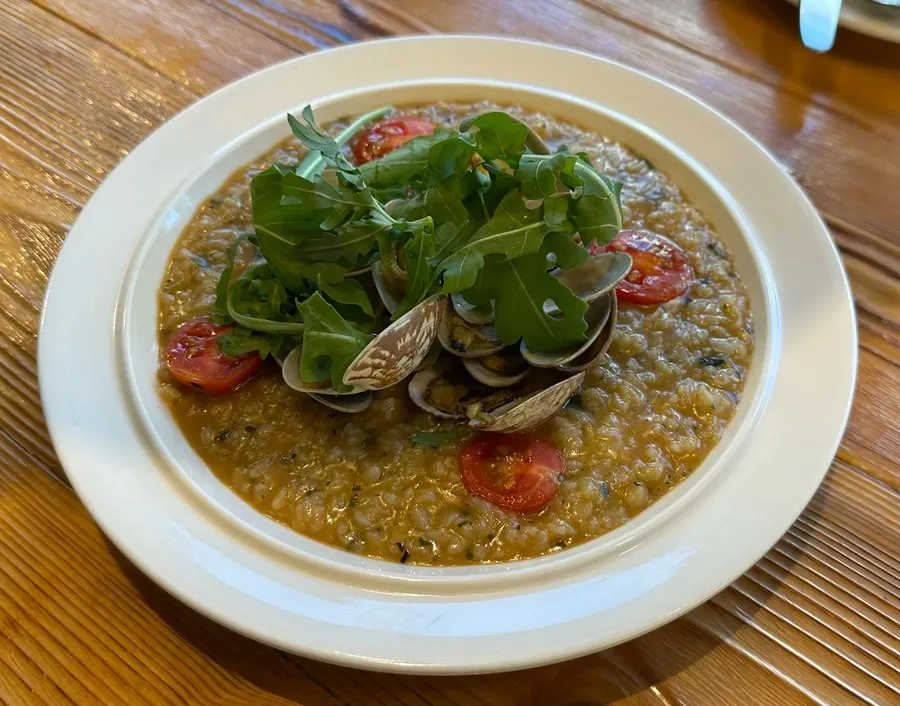 Close-up of clam risotto topped with clams