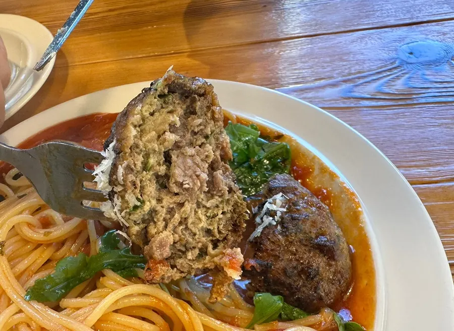 Close-up of meatball tomato pasta