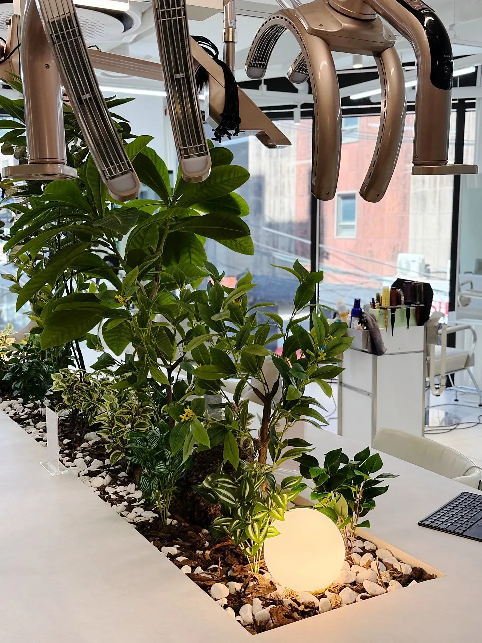 A neatly decorated corner of the salon