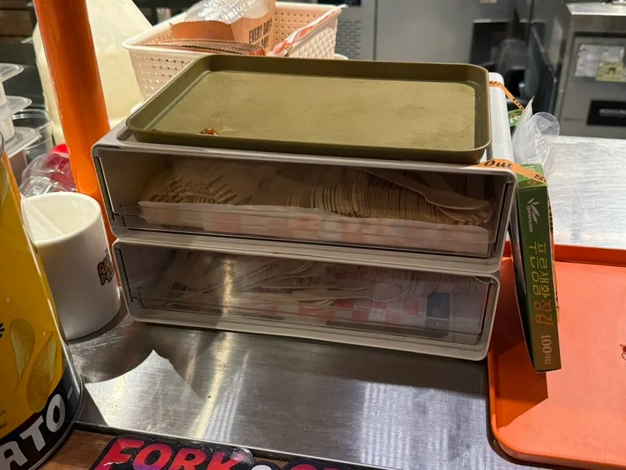 Self-serve bar with 8 kinds of sauces