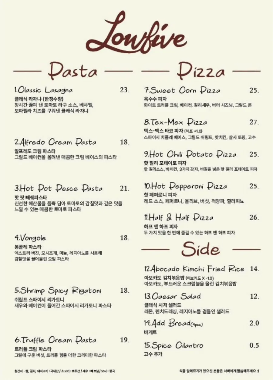 Low Five Anguk menu and price information