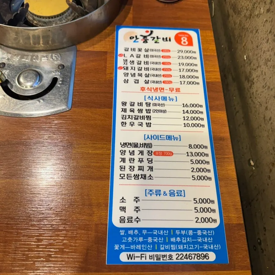 Anhung Galbi menu posted on the table
