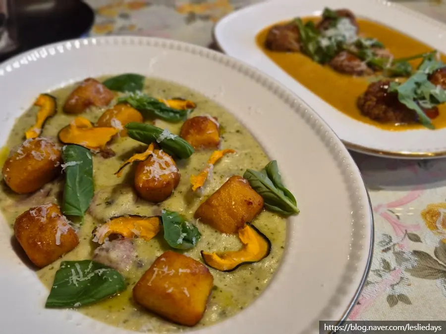 Plate of pumpkin basil cream gnocchi
