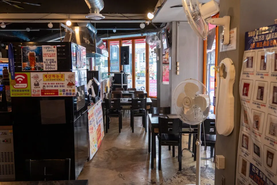 Wide view of the spacious restaurant seating area