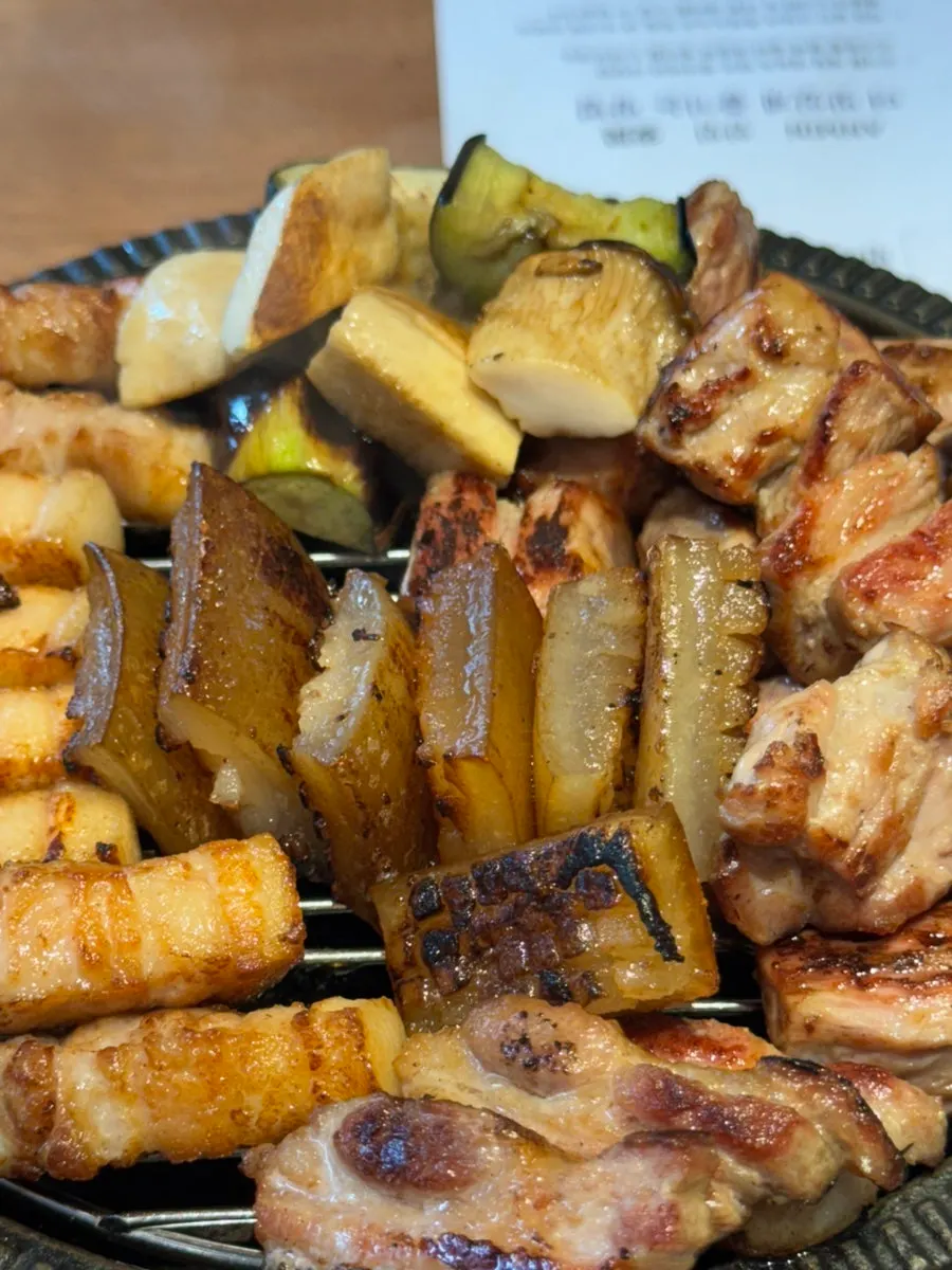 Golden-brown grilled pork belly and pork neck