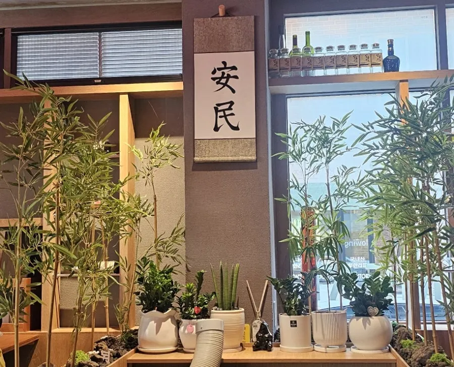 View of the Anmin Yullyang hall with bamboo and plants