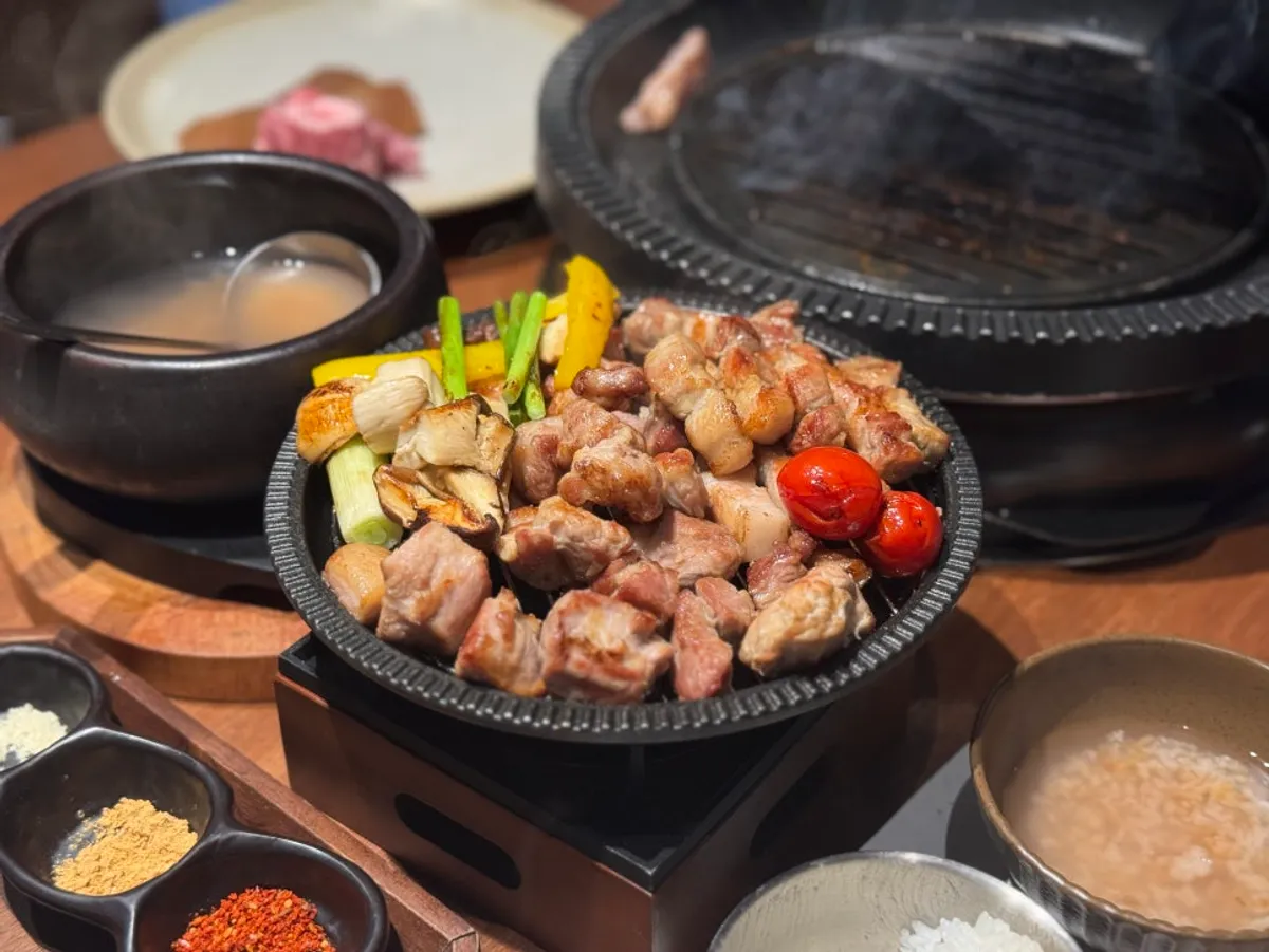 Pork belly wrap with barley ssamjang and pajeori